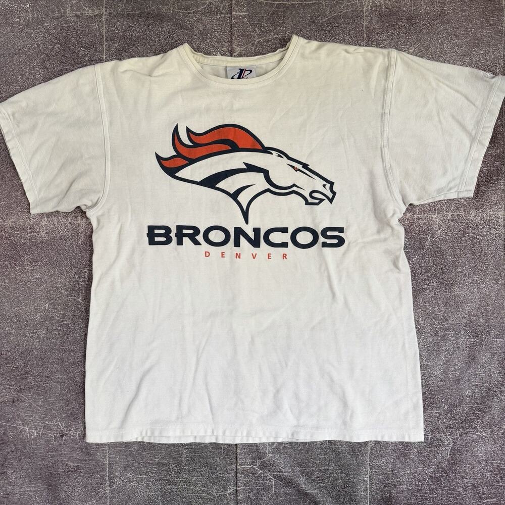 Men's Vintage 90s Logo Athletic Denver Broncos White Basic Logo T Shirt Tee Sz L